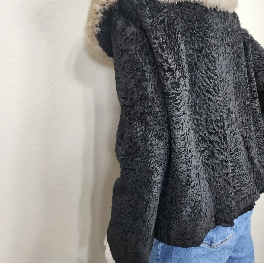 Vintage Persian Lamb Mobwife Black W/ Gray Mink Collar Jacket Size L/XL